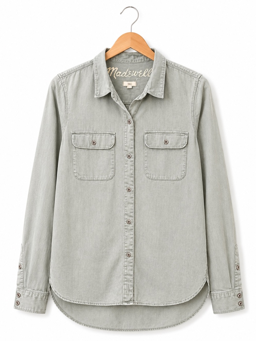 Madewell Shirt Womens Small S Green Gray Denim Chambray Button Down Long Sleeve